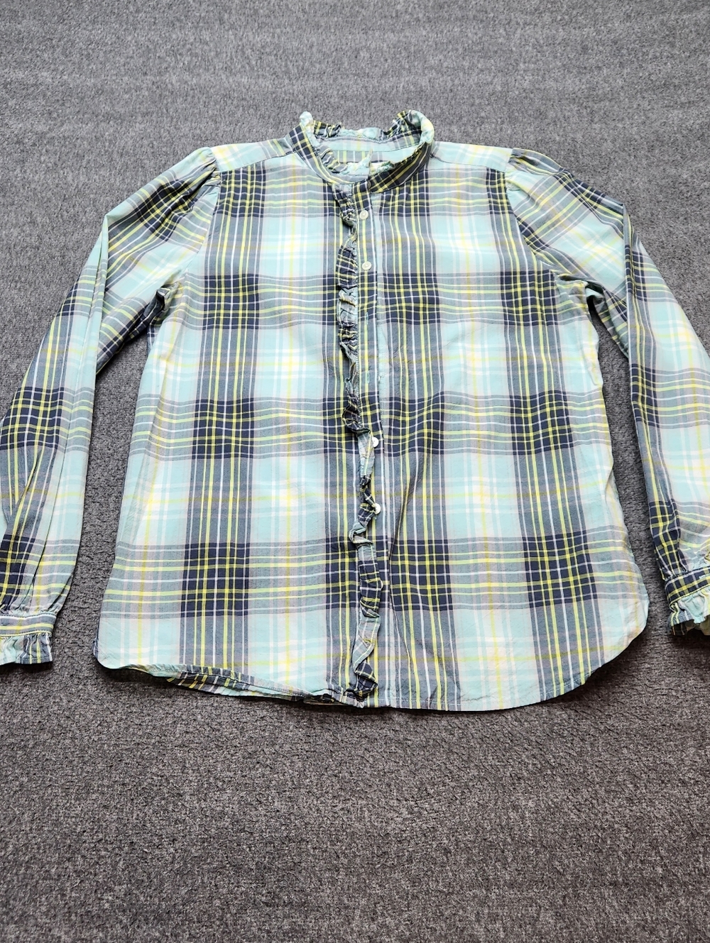 LOFT Plaid Ruffle Blouse Small Blue Yellow Cotton Modal Long Sleeve‎